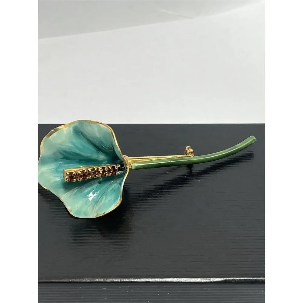 Sandor Vintage Brooch Gold Tone Enamel Green Blue Flower Amber Tone Rhinestone